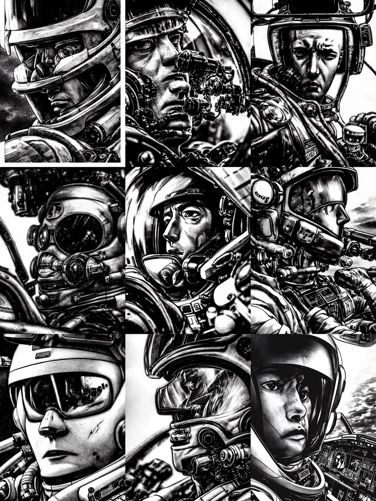 Prompt: close up picture of a pilot looking at the sky in mecha cockpit, angry, sad, rugged, black and white, highly detailed, detailed face, chiaroscuro, manga illustration, artgerm, greg rutkowski, takehiko inoue, shinji aramaki, satoshi kon, light novel cover art