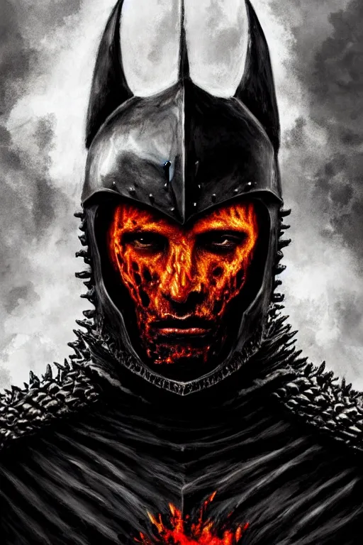 Image similar to hyper-realistic portrait of the King of the mountains, medieval dark knight in black armour, dark environent, magma and lava, throne of lava, dark mountain environment, horrifying, D&D, fantasy, intricate, cinematic lighting, highly detailed, digital painting, artstation, concept art, smooth, photorealistic, cinematic wallpaper, art by Artgerm and Greg Rutkowski and Alphonse Mucha