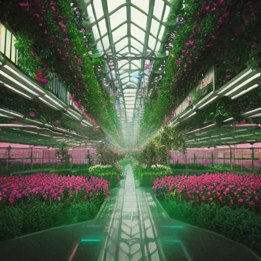 Image similar to rose garden in green house in the middle of a cyberpunk city at night by beeple, neon lights, very detailed, flying cars, blade runner 2 0 4 9