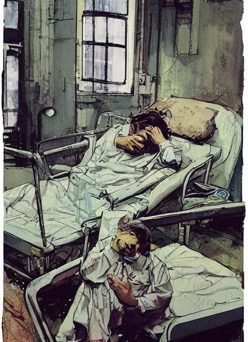 Prompt: an exhausted doctor in a hazmat suit, inside an old Romanian hospital room,. intricate artwork, 8k, Illustration by Alex maleev, James Jean, Adrian Ghenie and Francis Bacon, highly detailed, very coherent, rich colours