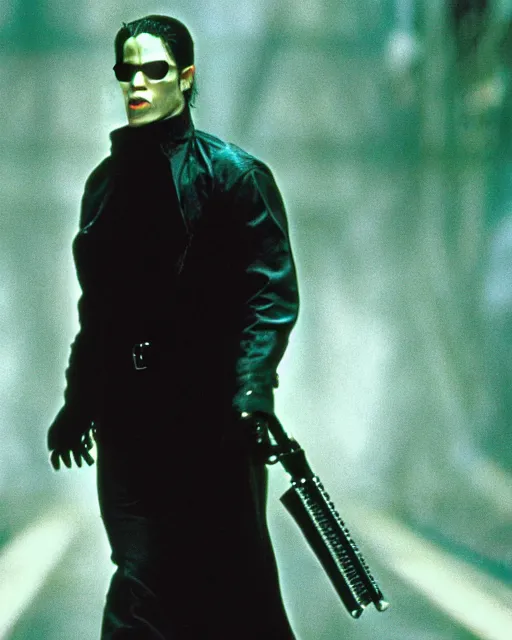 Image similar to a movie still of The Matrix starring Michael Jackson as the Neo, 8k, Technicolor, telephoto lens, medium shot, mid-shot