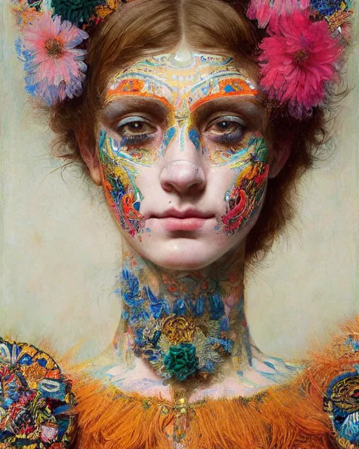 Image similar to a beautiful girl wearing colourful face paint surrounded by bright intricate patterns, by edgar maxence and caravaggio and michael whelan, intricate painting, hyper realistic, extremely detailed and beautiful aesthetic face, 8 k resolution