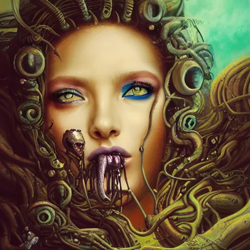 Prompt: portrait of medusa, cameras, melting ,8k,by tristan eaton,Stanley Artgermm,Tom Bagshaw,Greg Rutkowski,Carne Griffiths, Ayami Kojima, Beksinski, Giger,trending on DeviantArt,face enhance,hyper detailed,minimalist,cybernetic, android, blade runner,full of colour