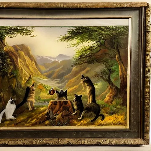 Prompt: a beautiful scenic painting of a group of adventurers cats