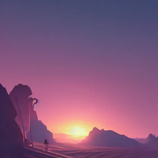 Image similar to sunset in the desert, fantasy art, illustration, animated film,, by roman shipunov, etienne hebinger, atey ghailan, cgsociety, cynical realism, fantasy art, 2 d game art