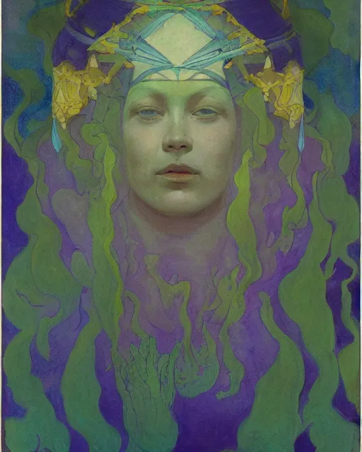 Prompt: the crown of mist and clouds, by Annie Swynnerton and Nicholas Roerich and Diego Rivera, bioluminescent skin, elaborate costume, geometric ornament, symbolist, cool colors like blue and green and violet, smooth, sharp focus, extremely detailed