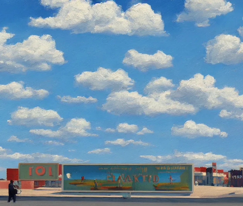 Image similar to a very detailed painting of one big standing billboard, baby blue sky with very aesthetic stylized clouds, in the style of edward hopper, very small brushstrokes, 4 k,