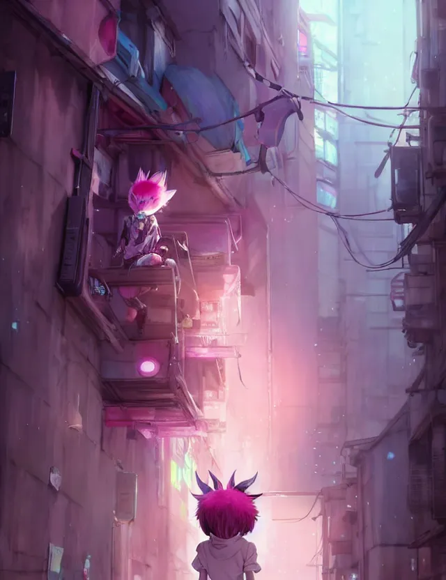 Prompt: cute anime boy with pink hair and pink wolf ears and barefoot wearing headphones and hoodie and leggings under shorts in a narrow alleyway in cyberpunk city. character design by cory loftis, fenghua zhong, ryohei hase, ismail inceoglu and ruan jia. artstation, volumetric light, detailed, photorealistic, fantasy, rendered in octane