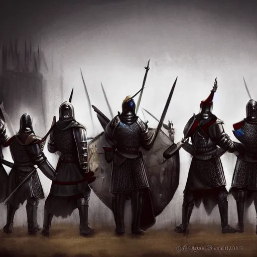 realistic, 5 medieval knights, soldiers, in line, | Stable Diffusion