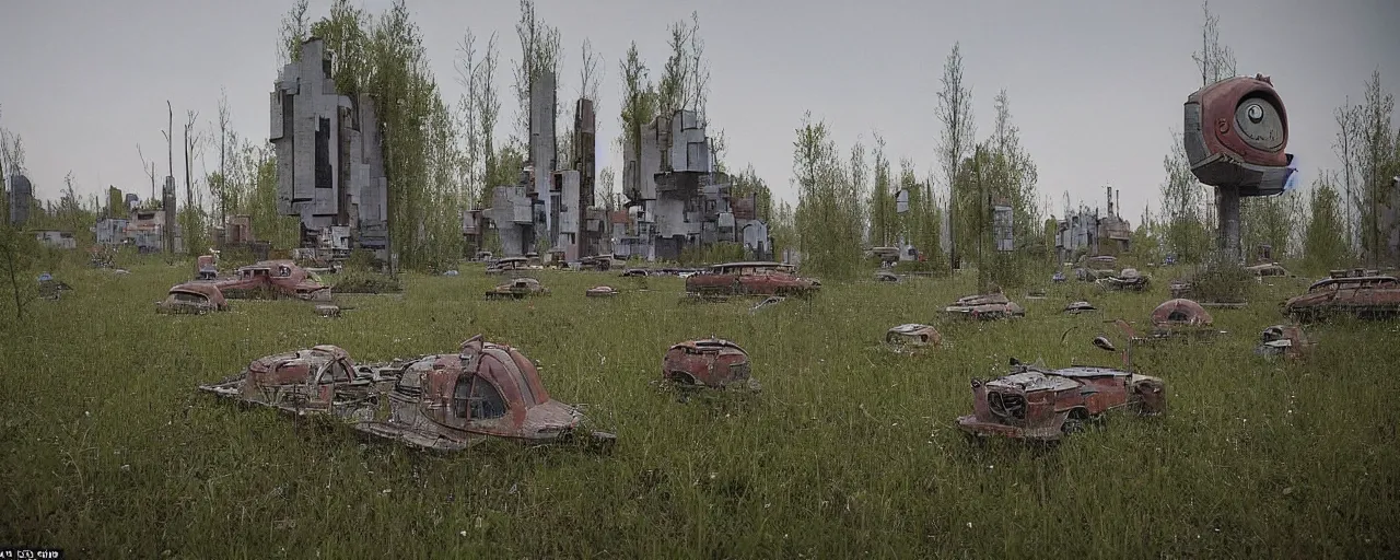 Image similar to a festival with aliens on stage and in the audience. the festival takes place in an old abandoned soviet city that is partially overgrown, in the style of simon stalenhag