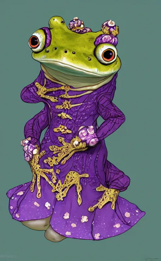 Image similar to cute purple female frog in enchanted rococo hanbok, full character, concept art, trending on artstation, in the style of alexander mcqueen, alexander jansson, jean - baptiste monge, george frederic watts