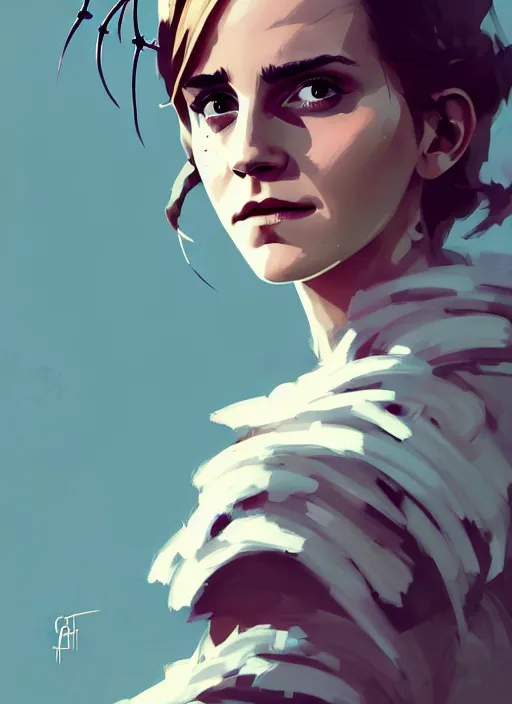 Image similar to portrait of emma watson with crown of thorns and white short hairs, warhammer, cyberpunk, by atey ghailan, by greg rutkowski, by greg tocchini, by james gilleard, by joe gb fenton, by kaethe butcher, dynamic lighting, gradient light blue, brown, blonde cream and white color in scheme, grunge aesthetic