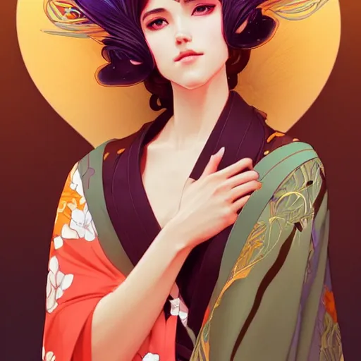 Image similar to A beautiful woman with fox ears who wears kimono, highly detailed, digital painting, artstation, concept art, smooth, sharp focus, illustration, art by artgerm and alphonse mucha, high definition digital art, in the style of Ross tran and ilya kuvshinov