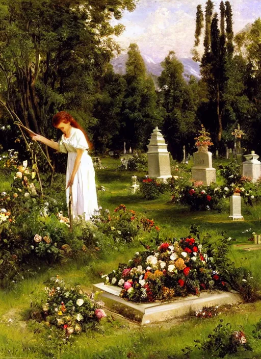 Image similar to artwork painting of a lush environment, a woman is laying flowers by a grave tombstone by eugene von guerard, ivan shishkin, john singer sargent