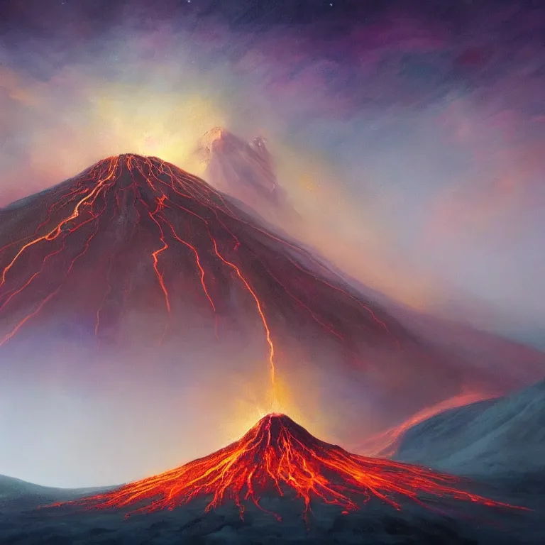 Image similar to a painting of a volcano from which come out flowers and stars exotic plants, all this happens in some kind of fantasy world, almost like in the sky or all in the amazing outdoors view, long exposure, 8 k resolution, trending on artstation