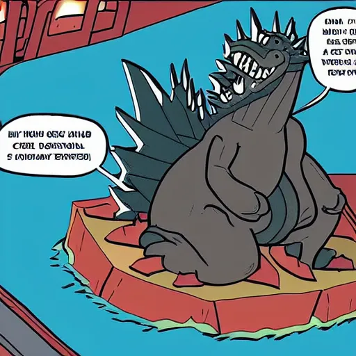 Image similar to godzilla cartoon style, with one hand destroys the city, with the other one eats cake