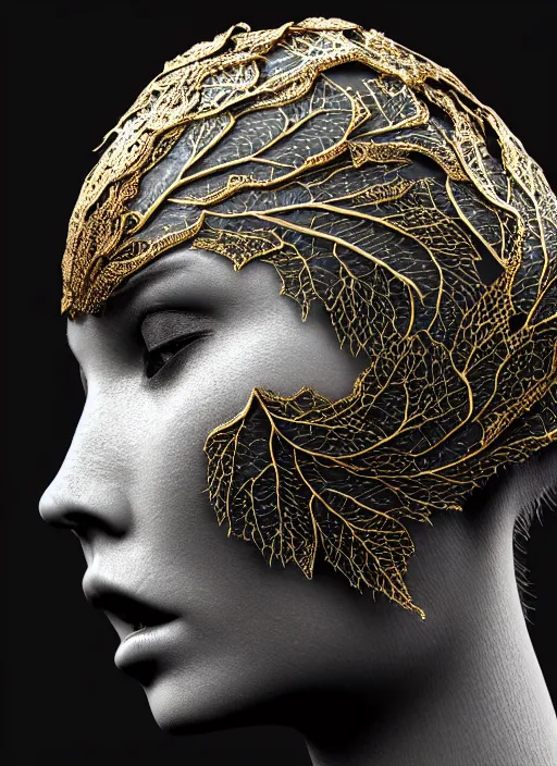 Image similar to bw close - up profile face, black background, beautiful young porcelain vegetal - dragon - cyborg - female, 1 5 0 mm, beautiful natural soft rim light, silver gold details, magnolia leaves and stems, roots, fine lace, mandelbot fractal, elegant, ultra detailed, white metallic armour, octane render, h. r. giger style