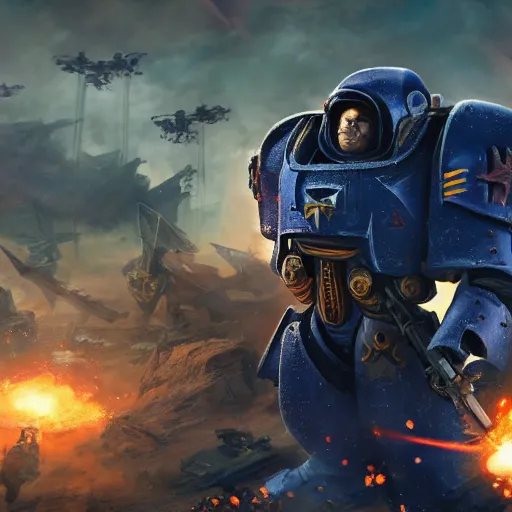 Prompt: warhammer 40k ultramarine on the battle field, explosions, ruined empire on the background, digital art, illustration, wide angle, fine details, cinematic, highly detailed, octane render, 4k