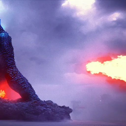 Image similar to godzilla, standing, drooling blue lava, octane render, 3D