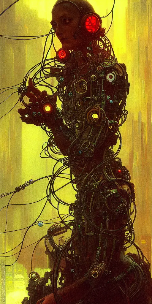 Prompt: ultra detailed, realistic cyberpunk portrait of one character, sci fi, cybernetic, wires, ar nouveau, by alfons maria mucha and zdzisław beksinski, dark mood, high detailed, 4 k, hd, high quality