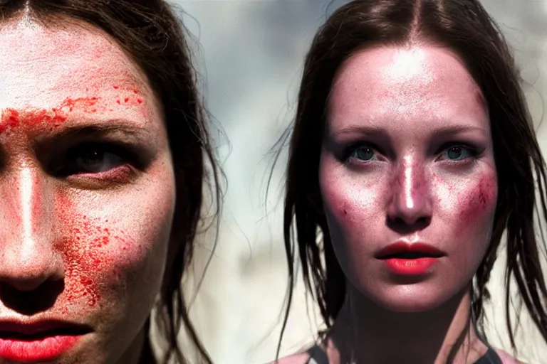 Image similar to VFX movie portrait closeup DC vs. Marvel horde natural skin, war zone by Emmanuel Lubezki