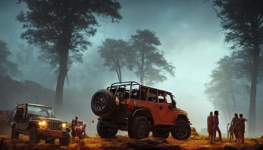 Image similar to Mahindra thar, tribe members watching nearby, an epic fantasy, dramatic lighting, cinematic, establishing shot, extremely high detail, photorealistic, cinematic lighting, cgsociety, by simon stalenhag, horizon forbidden west