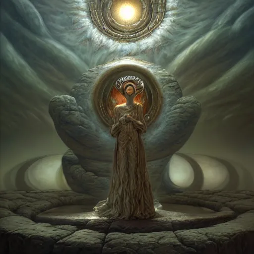 Image similar to The portal priestess by Tomasz Alen Kopera and Salvador Dali and moebius, impressive perspective, masterpiece, 8k, dynamic lighting, Highly Detailed, trending on artstation