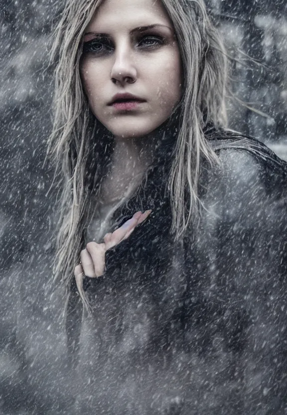 Image similar to cute model annie leonhart posing in dunwall city, beautiful face, detailed face, realistic eyes, cinematic lighting, rainy weather, melancholy atmosphere, volumetric light, gothic architecture, realistic reflections, model agency, instagram photo, depression atmosphere, shot on sony a 7 iii, beauty filter, postprocessing