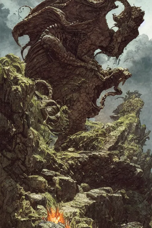 Image similar to basilisk at stone ruins by greg rutkowski and rick berry and norman rockwell and jason fabok and greg staples and nc wyeth