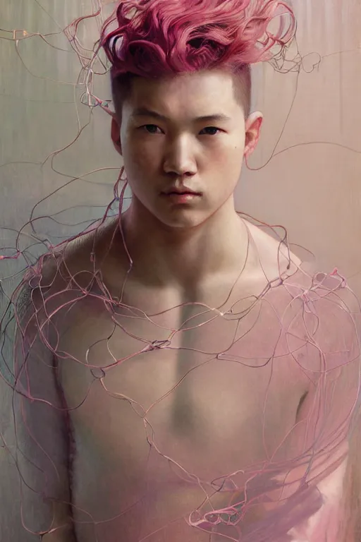 Image similar to hyperrealist portrait of elijah zu bailey, pink, it is decorated with long wires that fall like vines and wears small computers over their body. by jeremy mann and alphonse mucha, fantasy art, photo realistic, dynamic lighting, artstation, poster, volumetric lighting, very detailed faces, 4 k, award winning