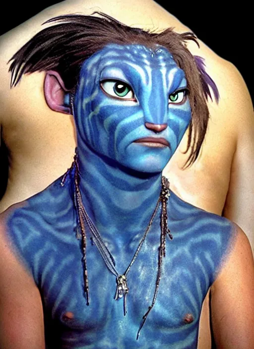 Image similar to johny Depp in the movie avatar as blue creature, tattoo's, warrior, movie poster