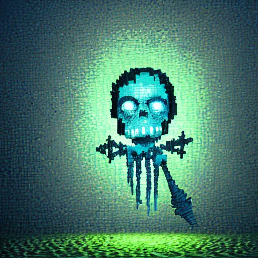 Image similar to voxel painting by greg rutkowski of a drowned zombie holding a trident with glowing cyan eyes, wearing ragged clothing, holding a trident, underwater, pastel green and blue color palette