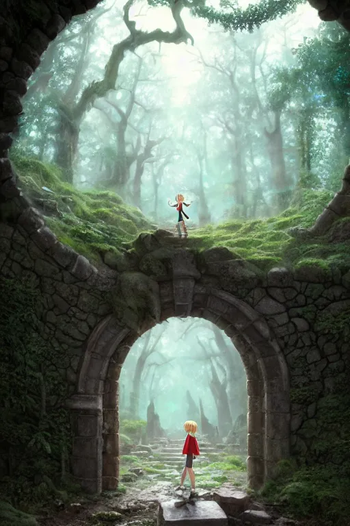 Image similar to a highly detailed matte painting of a teenager with shaggy hair and hip clothes standing in front of a stone gate in the elven forest ruins, by studio ghibli, by artgerm, by wlop, by greg rutkowski, red tones, volumetric lighting, octane render, 4 k resolution, trending on artstation, masterpiece