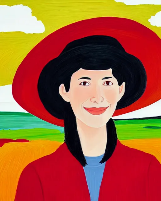 Prompt: portrait of a smiling young woman with hat, long hair and red shirt, clouds in the background, colorful, by alex katz, close up