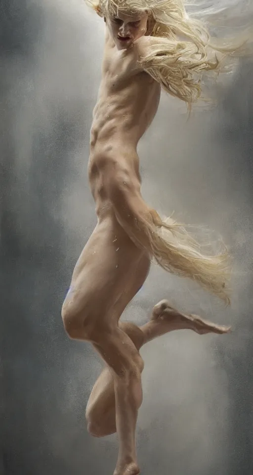 Prompt: painting of a beautiful pale androgynous blond albino man, dancing in the rain, very very long curly pale blond hair, strong fat chunky build, by Jeremy Mann and Jason Jenicke, 70mm, cinematic, highly detailed, stylized, loose brush strokes, intricate, realistic, exaggerated lighting, dramatic lighting, sense of scale, sense of movement, sensual