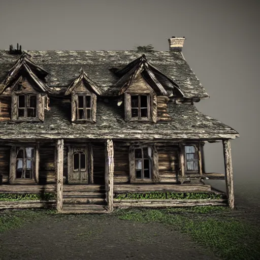 Image similar to village horror house in forest darkness dark unreal render fog highly detailed