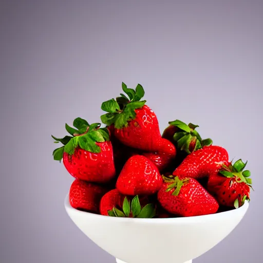 Prompt: studio fruit stage photography macro high definition staged lighting of strawberry ’ s falling into a white porcelain bowl of milk high speed photography award winning