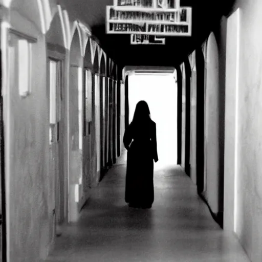 Prompt: In the bottom left corner of the picture of the long corridor, a woman's shoulder may be seen with her back to you. There is a shadowy figure down the corridor.
