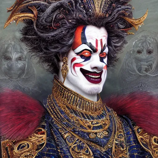 Prompt: uhd photorealistic detailed image of max current, the crypto emperor, dressed as emperor, wearing extremely intricate clown makeup, by ayami kojima amano karol bak