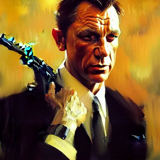 Image similar to portrait of james bond, detailed face, detailed painting, epic lighting, by ilya repin, phil hale and kent williams