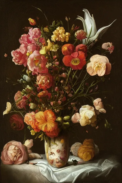 Prompt: painting of human flowers in a vase on a table, by rachel ruysch, pop surrealism, biomorphic, made of men