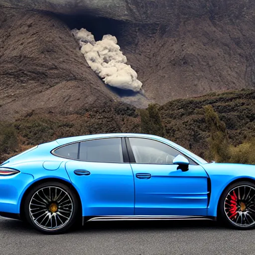 Image similar to a blue Porsche Panamera driving with a volcano on the view