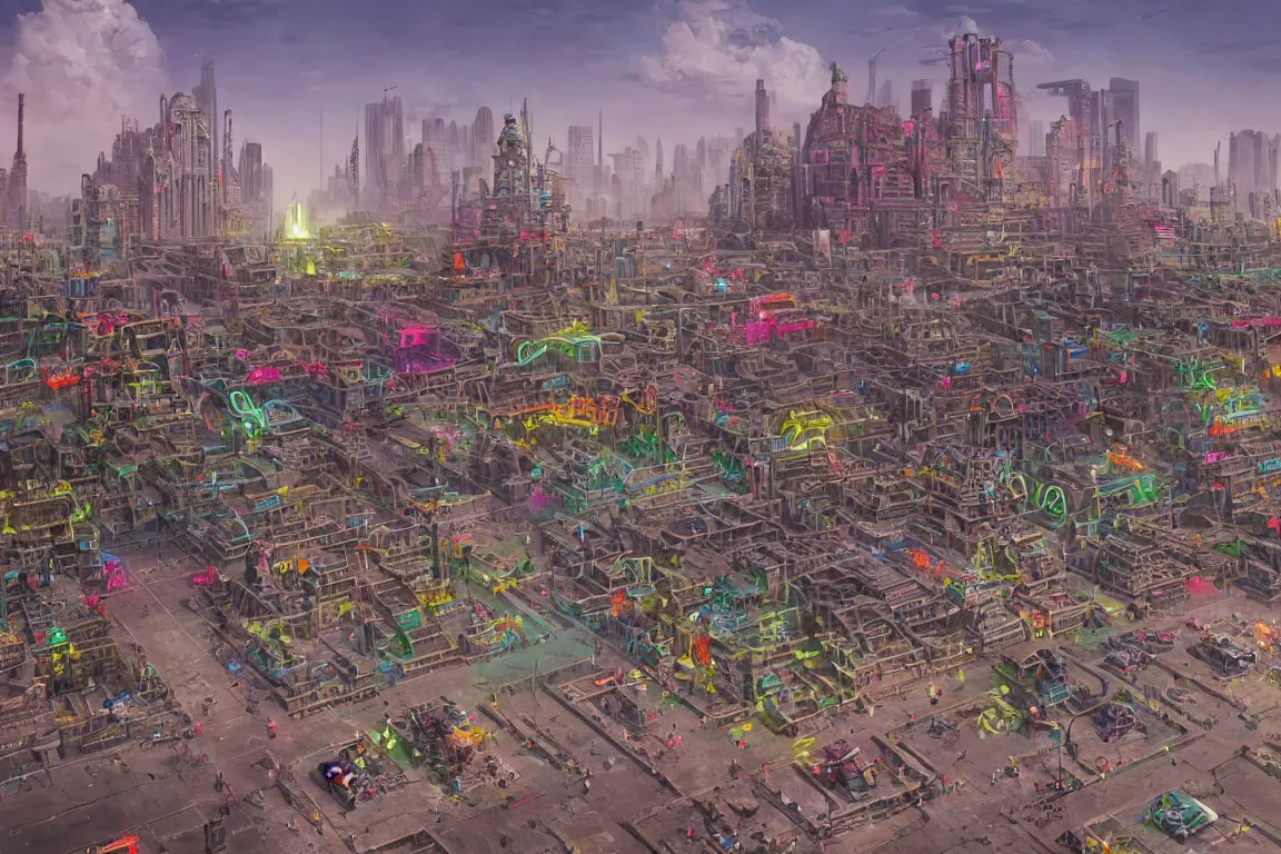 Image similar to hyperrealistic matte painting of aztec temples in a future environment with flying cars, mechanical features and neon, graffiti, scaffolding, smog, destruction by filip hodas, beeple, 4 k, trending on cgsociety