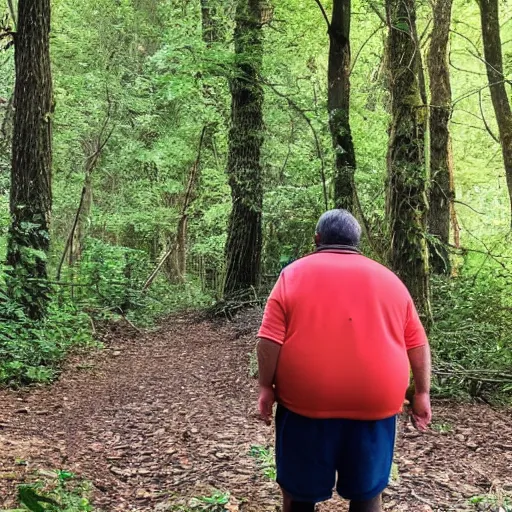 Prompt: a 6 0 year old obese italian man stands in the woods looking at a 1 0 year old boy with brown hair in a bowl cut who is climbing a hollow log