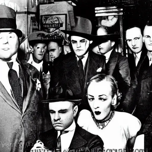 Image similar to Satanic States of America, alternate history, 1930s Chicago gangster, Al Capone, goth Al Capone, occult, 1930s photograph, mafia, Satanic symbols in the background, Great Depression