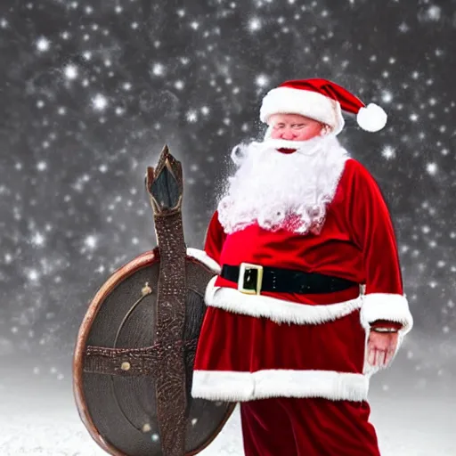 Prompt: santa claus wearing a viking helmet