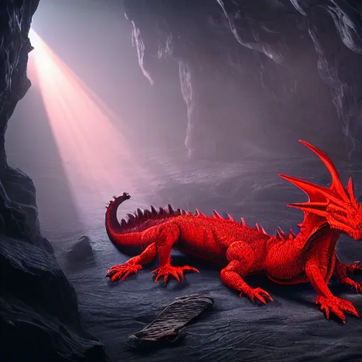 Image similar to photo of a large red scaly dragon sleeping on a giant pile of human bones in a dark dusty cave with a ray of light shining on it\'s face. Very detailed 8k. fantasy