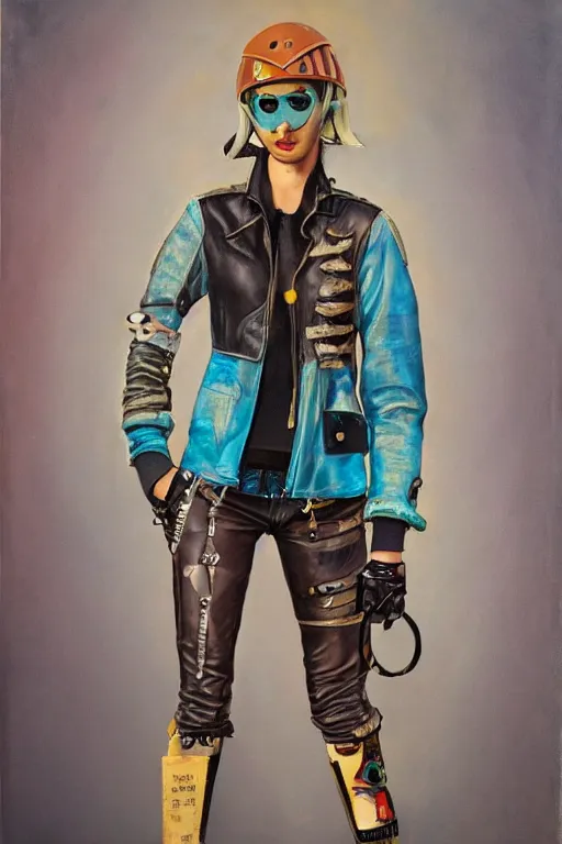 Prompt: a character wearing a diy! costume leather jacket, punk, with pastel colored details and a transparent helmet, full body, muted colors, vivienne westwood, nausicaa, hyper real acrylic painting