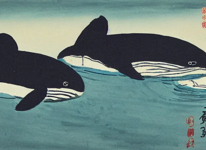 Prompt: a painting of a pair of whales by Qi Baishi