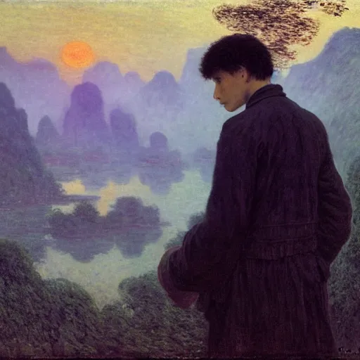 Prompt: a young man in guilin, by caspar david friedrich, by claude monet, mist, sunrise